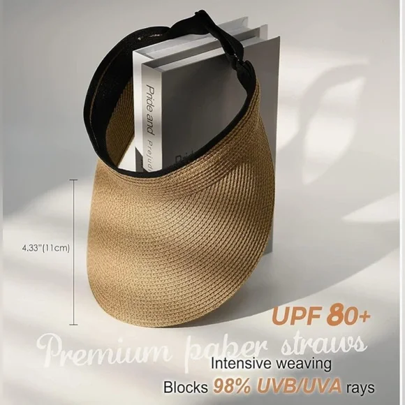 Womens Sun Visor Hat Straw Summer Packable Ponytail Beach Hats Travel UPF 80+ - Picture 4 of 9